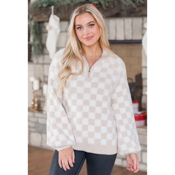 Pink Lily Oversized Beige Quarter Zip Sweater Size Medium - Picture 2 of 4